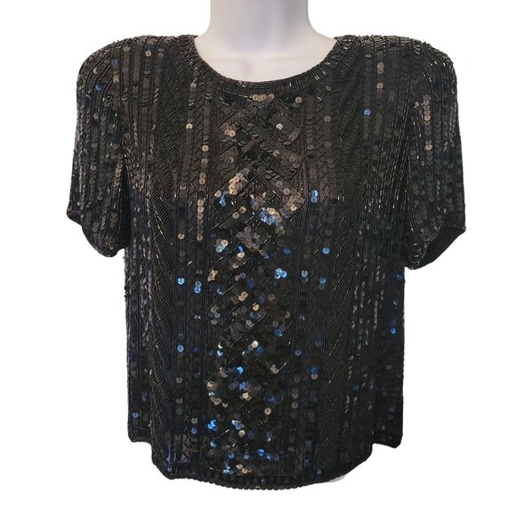 Vintage Emanuel Ungaro Black Sequin Silk Top S Formal Evening Prom Romantic - Picture 1 of 6